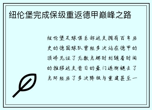 纽伦堡完成保级重返德甲巅峰之路